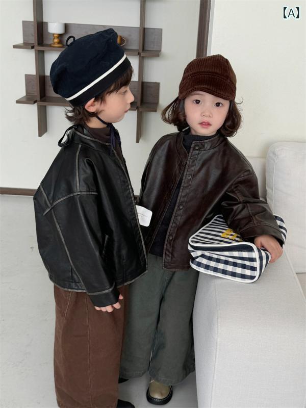 ジャケット キッズ ベビー 男の子 女の子 男女兼用 秋冬 ウォッシュ加工 PUレザー ライダース スタンドカラー シングルボタン シンプル カジュアル アウター ブラウン ブラック