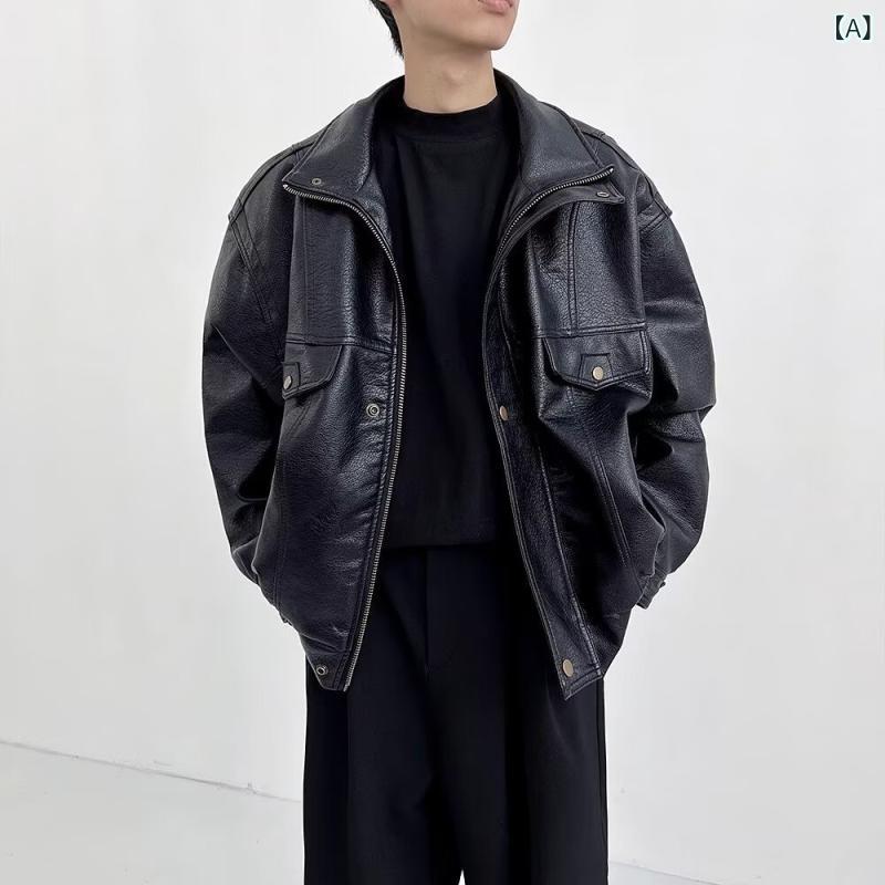 ジャケット メンズ アメリカンヴィンテージ フライトジャケット レザージャケット ゆったり 襟付き 秋物 普段使い 耐摩耗性 ポリエステル ブラック