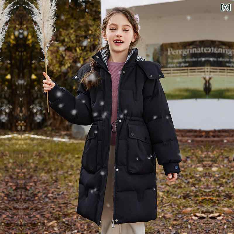 ダウンジャケット キッズ 女の子 ホワイトダックダウン 厚手 ミドル丈 韓国風 おしゃれ 冬物 防寒 アウター ゆったりシルエット ブラック ピンク パープル グリーン