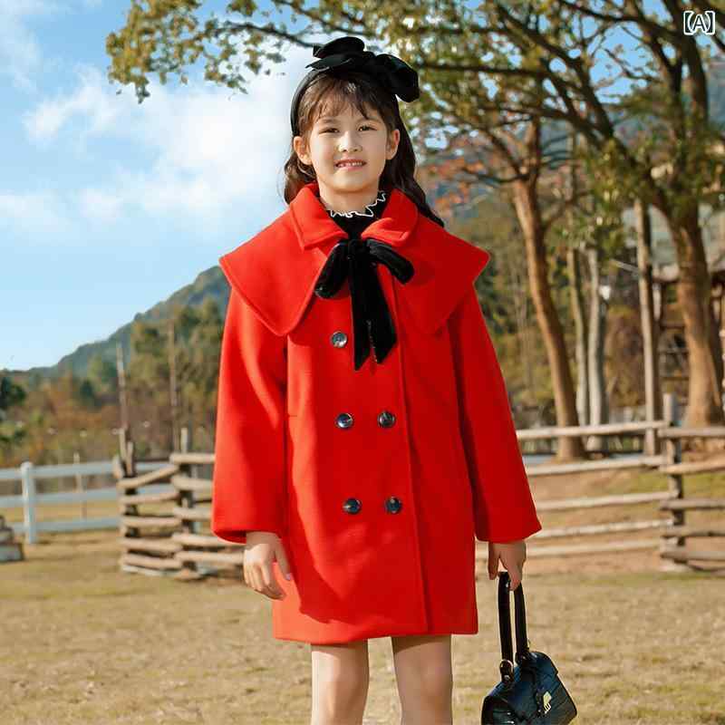 コート 女の子 キッズ ジュニア 韓国風 おしゃれ メルトン調 ウールライク 中綿ライナー あったか 厚手 ダブルボタン テーラードカラー ミドル丈 無地 秋冬 冬 通学 赤 ベージュ