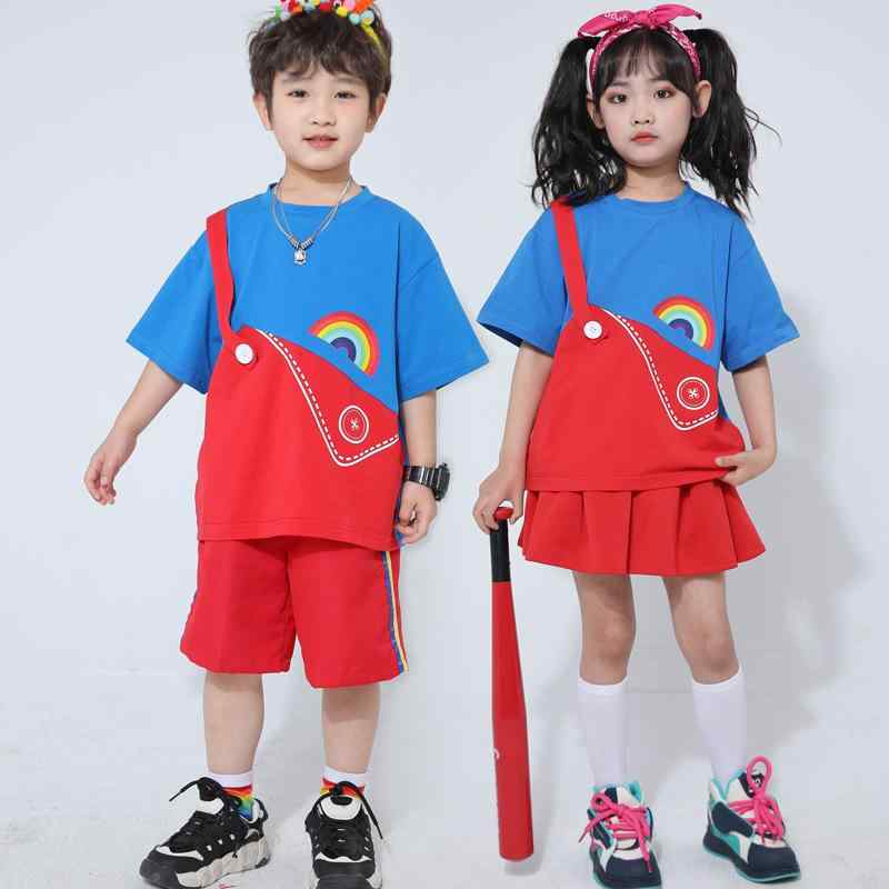 キッズ 男の子 女の子 子供 幼稚園 小学生 チアリーディング チアダンス ダンス衣装 発表会 舞台 演出服 運動会 開会式 合唱 綿素材 半袖 ショートスカート 青 赤 配色 春夏
