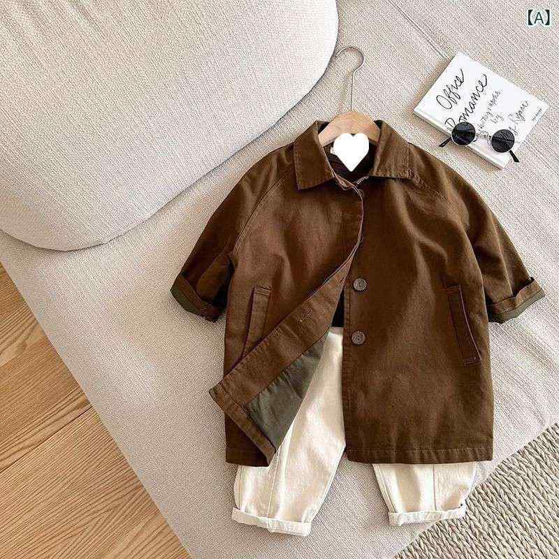 コート キッズ ベビー 子供服 男女兼用 春秋 トレンチコート アウター 韓国風 日本風 おしゃれ かわいい 無地 コットン 襟付き シングルボタン ミドル丈 コーヒー ブラウン系 ネイビー カーキ