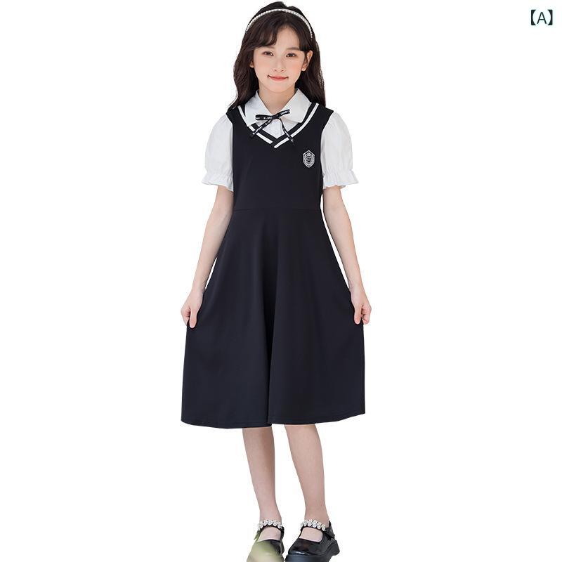 ワンピース キッズ ガールズ ジュニア シャツ襟 フェイクレイヤード 重ね着風 学院風 スクール風 Aライン 小学生 通学着 普段着 夏服 レーヨン 綿 混紡 ブラック