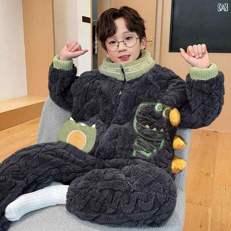 パジャマ 男の子 キッズ ジュニア 小中学生 冬用 三層キルティング 中綿入り 厚手 あったか サンゴフリース ポリエステル 保温 ルームウェア 部屋着