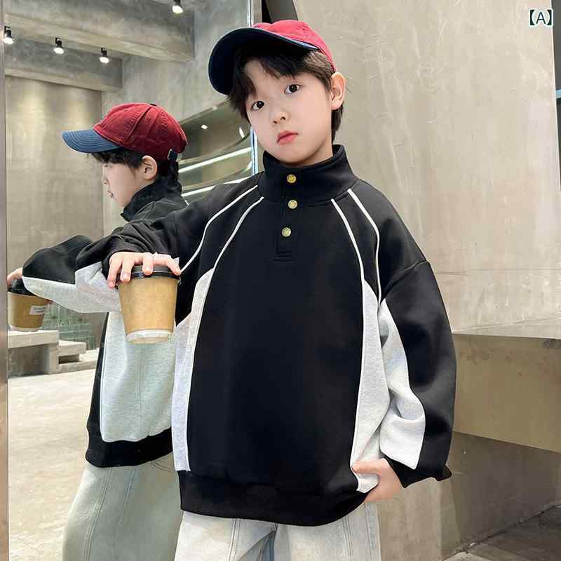 キッズ 男の子 ジュニア ボーイズ トレーナー スウェット トップス モックネック ハイネック スクール風 カレッジ風 切り替え おしゃれ かっこいい 長袖 綿混 ポリエステル 春秋 ブラック グレー 普段着 通学