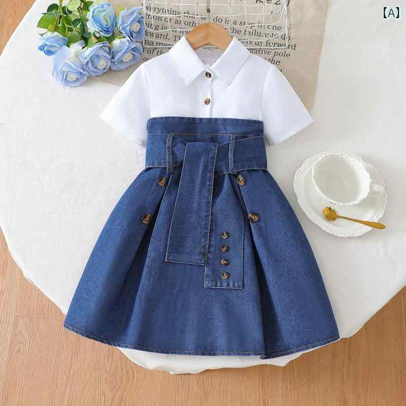 ワンピース 女児 女の子 子供服 キッズ 半袖 綿 デニム 切り替え Aライン 上品 カジュアル 欧米テイスト お洒落 普段使い お出かけ 無地 ホワイト