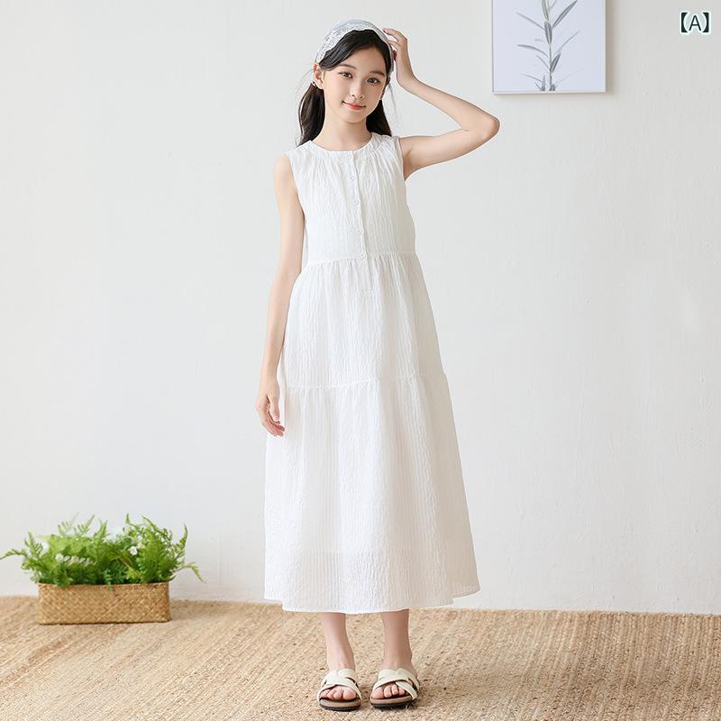 ワンピース ガールズ キッズ ジュニア 夏 薄手 シフォン ノースリーブ ロング丈 リゾート ビーチ お出かけ 普段使い 韓国風 フレア ポリエステル 快適 ホワイト ブラック