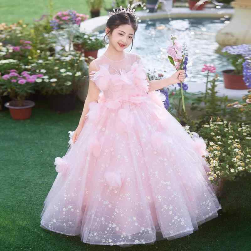 ドレス キッズ 女の子 ピンク レース プリンセスライン 発表会 ピアノ演奏会 誕生日 バースデー 結婚式 パーティー セレモニー フォーマル ロングドレス かわいい 華やか 高級感 Aライン｜ラ・グラーヌ