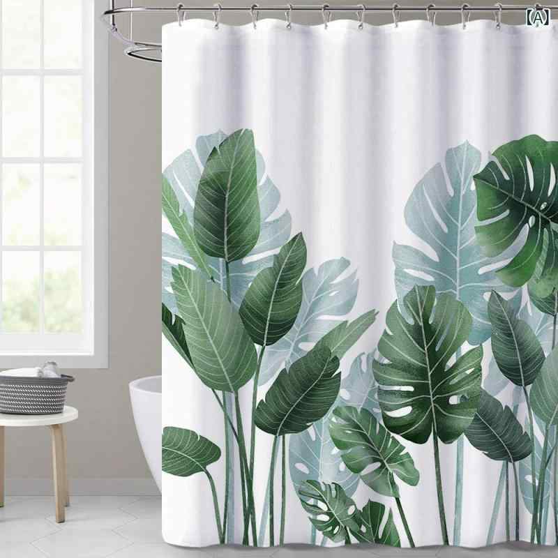 シャワーカーテン バスカーテン ホワイト ボタニカル柄 熱帯植物 トロピカルリーフ ポリエステル製 防カビ 抗菌 約180x180cm 浴室 バスルーム用 フック付き