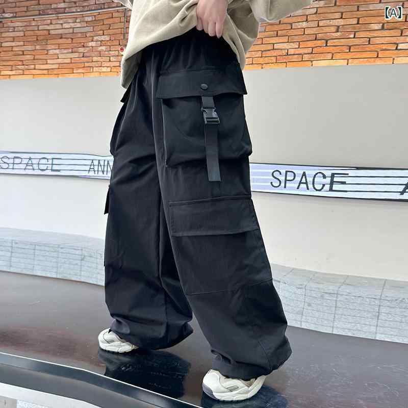 パンツ 男の子 多ポケット カーゴパンツ ゆったり ストレート ワイド ロングパンツ ジュニア 中高学年 春秋 ストリート カジュアル ポリエステル ブラック