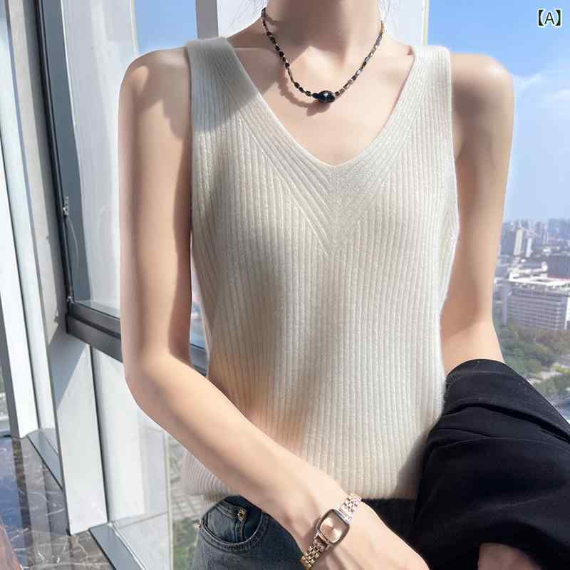 ニットタンクトップ レディース 秋冬 Vネック カシミヤ混 リブ編み ノースリーブ スリムフィット 伸縮性 上品 重ね着インナー 大人カジュアル 6,124円