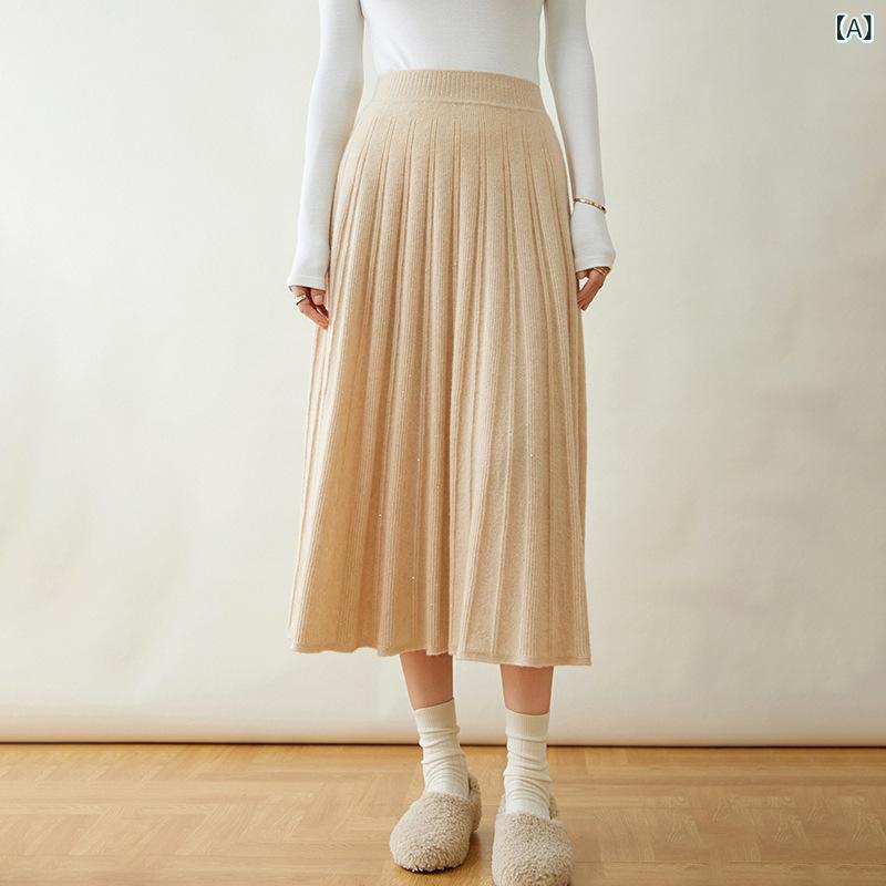 スカート レディース 秋冬 カシミヤ プリーツ ロング丈 ミディ丈 エレガント 上品 着回し 無地 通勤 オフィス 普段使い 伸縮性 体型カバー