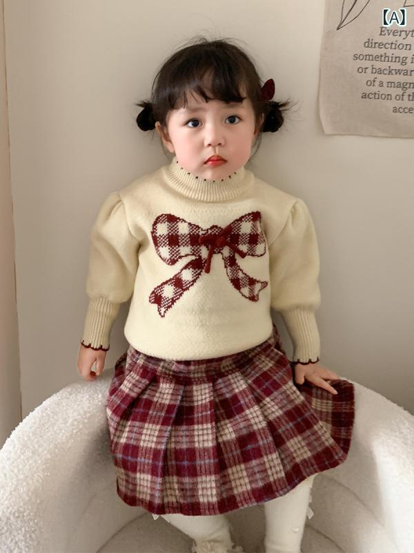 ニット ベビー 女の子 リボン付き 裏起毛 セーター 長袖 丸首 厚手 あったか 保温 再生繊維 冬 普段使い カジュアル おしゃれ インナー トップス