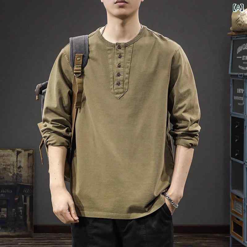 Tシャツ メンズ ヘンリーネック 長袖 アメカジ ストリート ヘビーウェイト 厚手 裏起毛 ウォッシュ加工 レトロ ヴィンテージ 吸湿速乾 綿 コットン ゆったり オーバーサイズ ルーズフィット カジュアル 普段使い 秋冬 ブラウン グレー