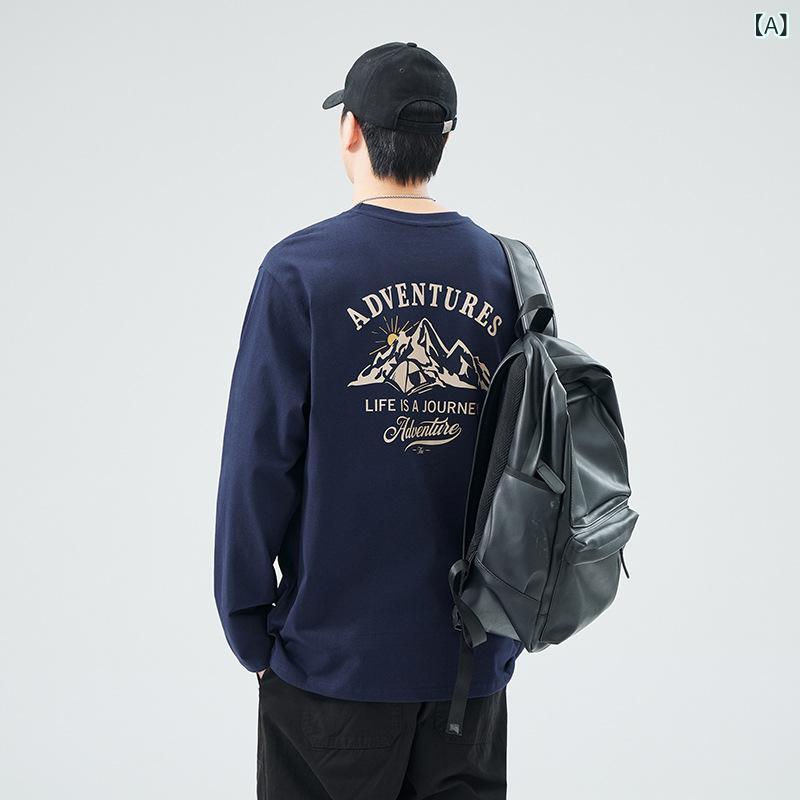 Tシャツ メンズ 春秋物 長袖 ヘビーウェイト コットン 抗菌 ゆったり ドロップショルダー ビッグシルエット クルーネック 丸首 アウトドア マウンテンスタイル 風景柄 プリント 普段使い カジュアル ネイビー レッド