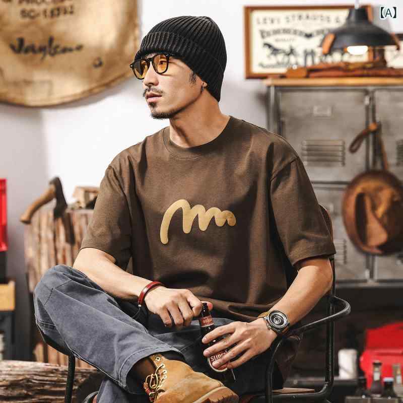 Tシャツ メンズ アメカジ レトロ 半袖 ヘビーウェイト 厚手 ゆったり ビッグシルエット ドロップショルダー 綿 コットン トップス 夏 普段使い ストリート カジュアル