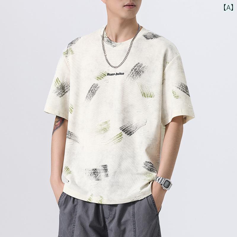 Tシャツ メンズ 男性用 アメカジ ヘビーウェイト 厚手 半袖 クルーネック ゆったり オーバーサイズ フェイクダメージ ロゴプリント 高級感 夏 カジュアル デイリーユース 綿混 吸湿速乾 トップス