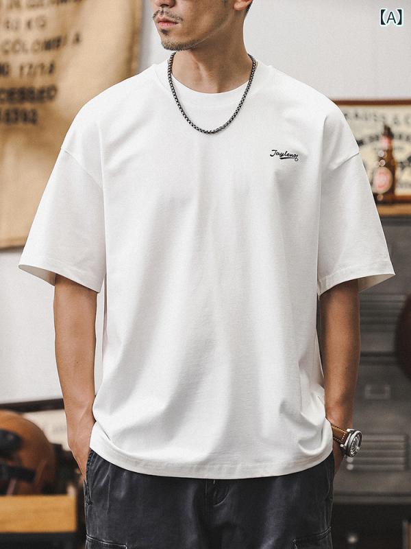 Tシャツ メンズ 半袖 クルーネック ドロップショルダー ヘビーウェイト コットン 綿 ゆったり ビッグシルエット ロゴプリント 夏 普段使い アメカジ レトロ カジュアル