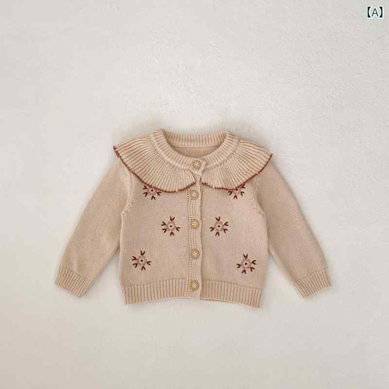 カーディガン ベビー 女の子 春夏 縁取り 大きめ襟 刺繍 花柄 コットン 柔らか 肌に優しい 前開き 長袖 ラウンドネック ダスティピンク カジュアル お出かけ かわいい