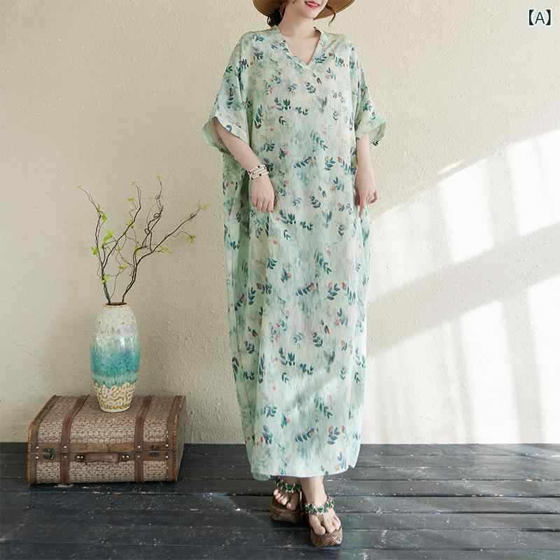 ワンピース レディース 春夏 花柄 リゾート トラベル Vネック レトロ マキシ丈 体型カバー ゆったり 綿麻 半袖 カジュアル