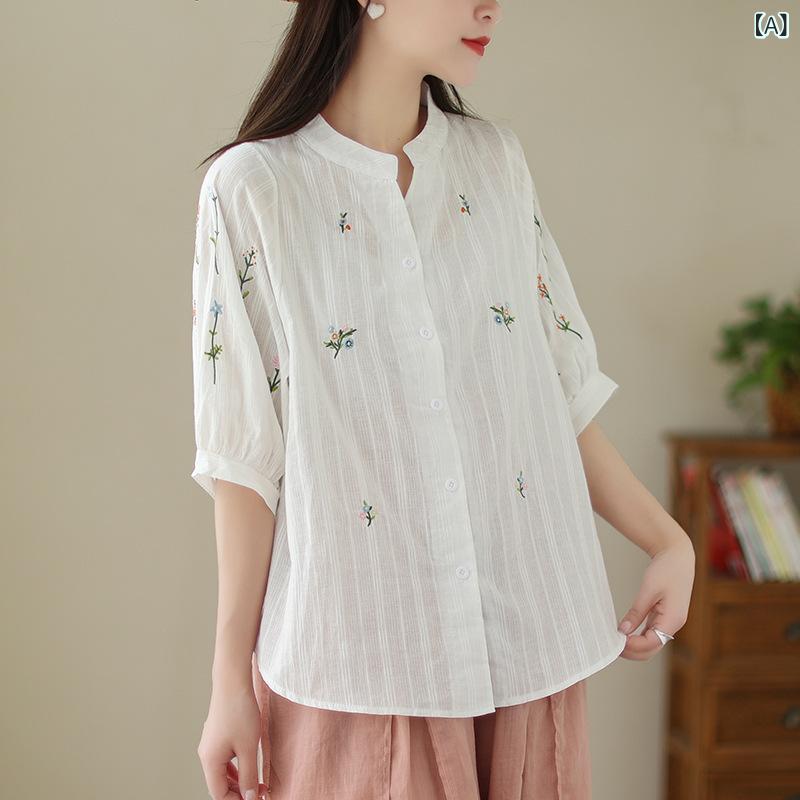 シャツ レディース 女性用 綿麻 刺繍 五分袖 フリル袖 レトロ ヴィンテージ ゆったり 体型カバー 前開き シングルボタン 半開襟 上品 ホワイト 春夏 通勤 普段使い ミドル丈