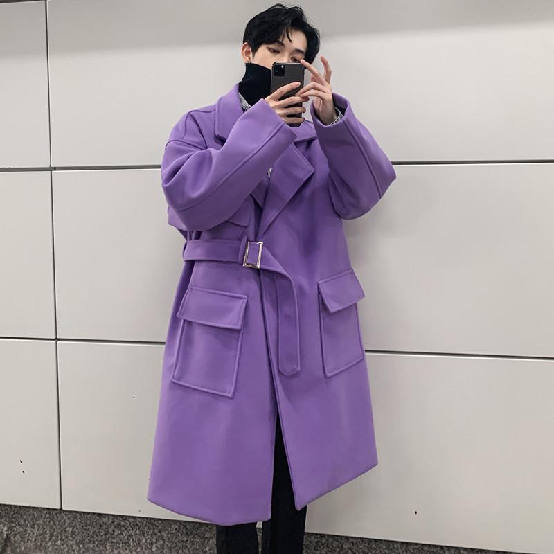 コート メンズ 男性用 ユニセックス 春秋 ミドル丈 トレンチコート ゆったり ルーズフィット 韓国ファッション メルトン ウールライク 無地 ベルト付き テーラードカラー きれいめ カジュアル