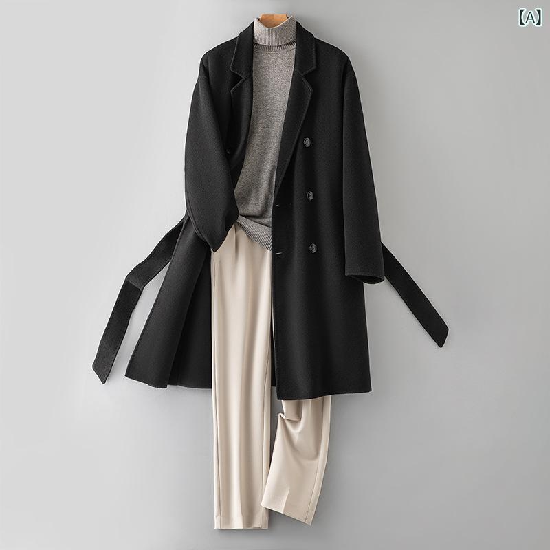 コート メンズ カシミヤ混 ウール ロングコート 厚手 ダブルフェイス仕立て ダブルボタン テーラードカラー ウエストベルト付き 無地 カジュアル 冬物｜ラ・グラーヌ