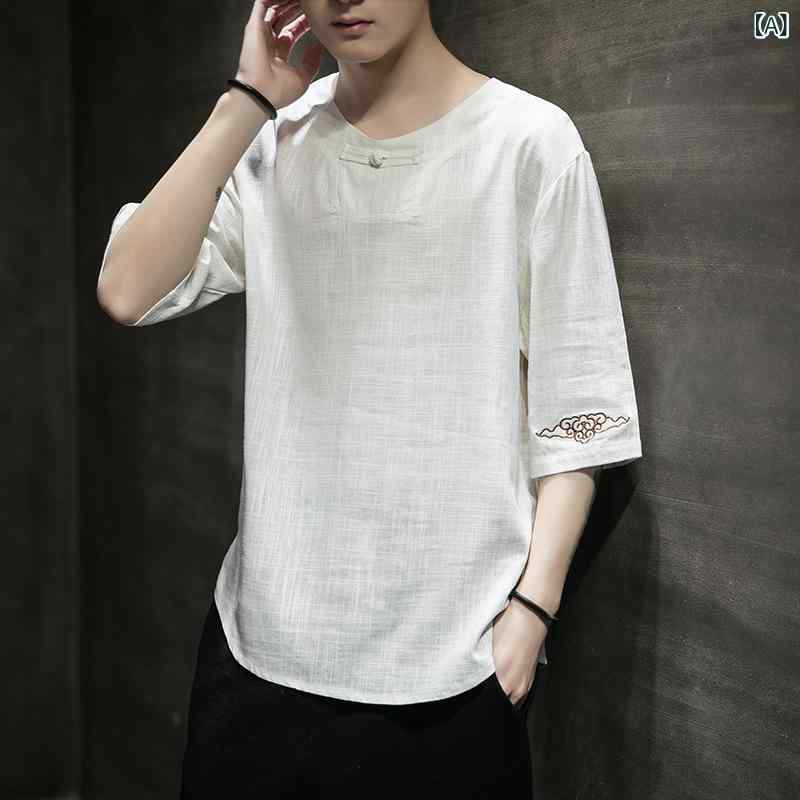 Tシャツ メンズ 男性用 中国風 漢服 半袖 刺繍 リネン ゆったり ビッグシルエット 大きいサイズ カジュアル 普段使い 夏 薄手 Uネック トップス
