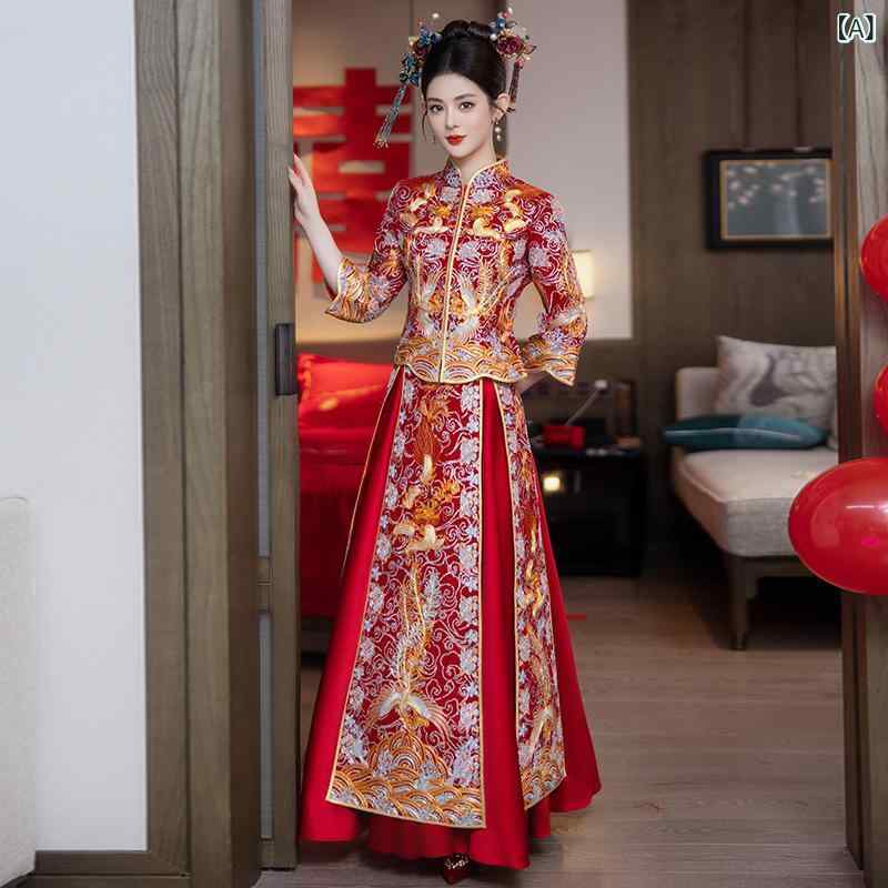 婚礼衣装 レディース 花嫁 結婚式 披露宴 お色直し 中国風 重厚刺繍 ビーズ装飾 細見え スタイルアップ ポリエステル スタンドカラー 九分袖 ロング丈