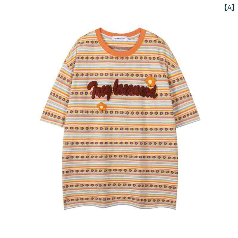 Tシャツ ユニセックス 男女兼用 カップル ペア お揃い アメリカンレトロ アメカジ カートゥーン風 ニット小花柄 ストライプ ボーダー 刺繍 切り替え 配色 半袖 夏 ゆったり クルーネック 綿 コットン 着回し カジュアル トップス カットソー 普段