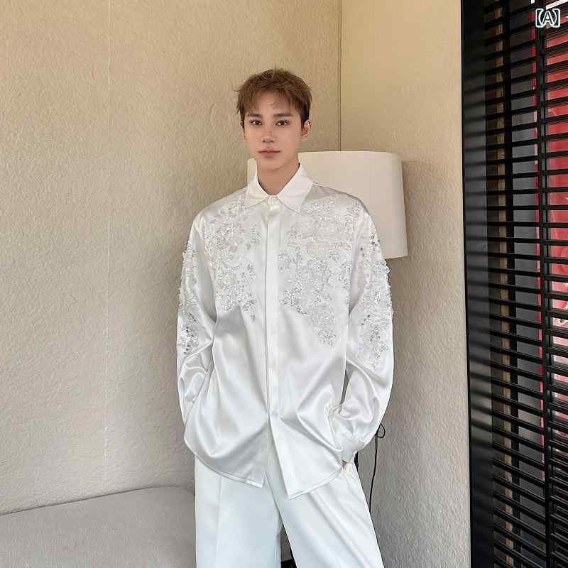 シャツ メンズ 春夏 錦織り 立体 スパンコール 刺繍 襟付き 長袖 ビッグシルエット ゆったり 高級感 カジュアル リネン 麻 白 黒