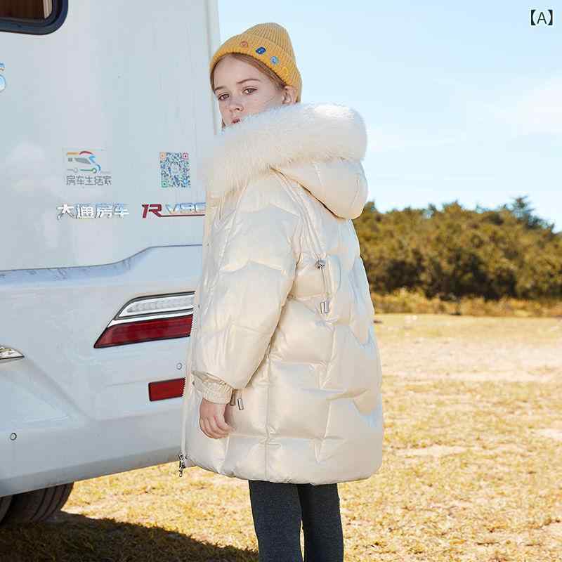 ダウンジャケット 女の子 ジュニア キッズ 小学生 中学生 ミドル丈 セミロング 厚手 暖かい 保温 防寒 白鴨ダウン フードなし ノーカラー ゆったり ルーズフィット 無地 ジップアップ 長袖 秋冬