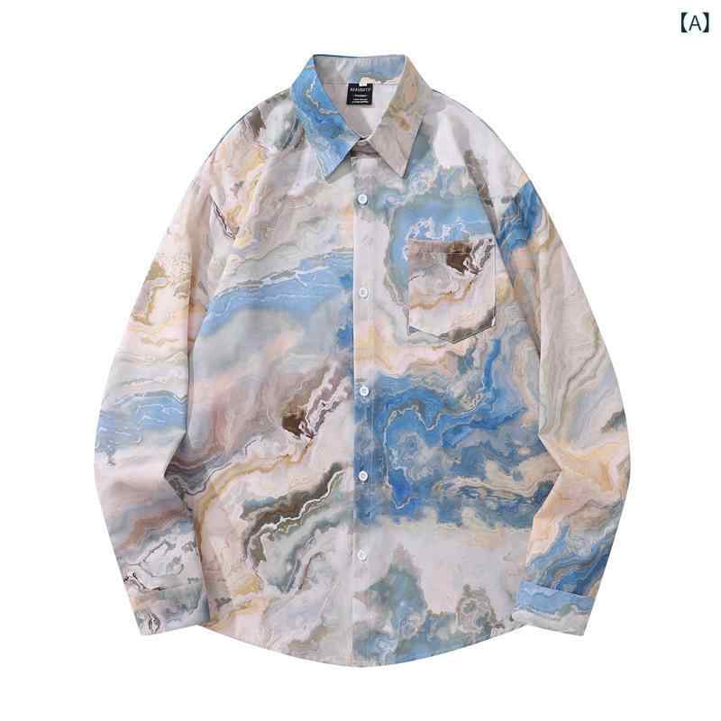 シャツ メンズ レトロスタイル オイルペイント風 花柄 長袖 ゆったり オーバーサイズ カップル ペアルック 秋冬 デイリーユース カジュアル ポリエステル トップス