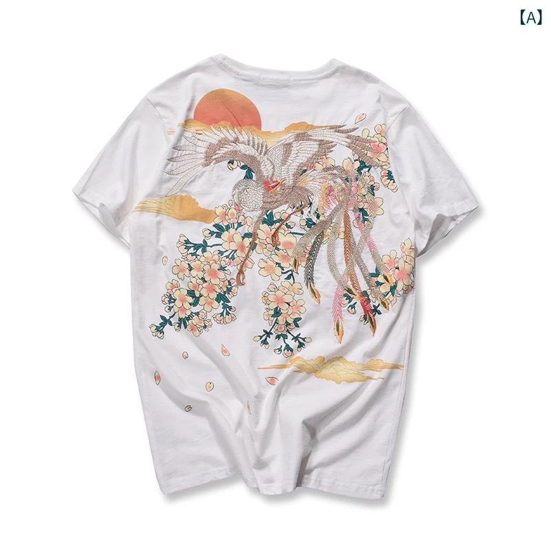 Tシャツ メンズ 男性用 刺・墸 フェニックス 鯉 半袖 クルーネック ゆったり ルーズフィット 韓国風 中国風 綿 コットン ホワイト 白 普段使い カジュアル トップス