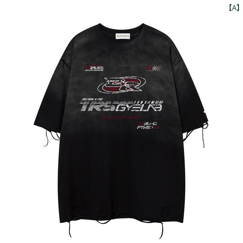Tシャツ メンズ ストリート ヒップホップ レトロ ヴィンテージ ダメージ加工 グラデーション プリント 半袖 ゆったり オーバーサイズ コットン 通気性 クルーネック 春夏 カジュアル 普段使い ブラック グレージュ