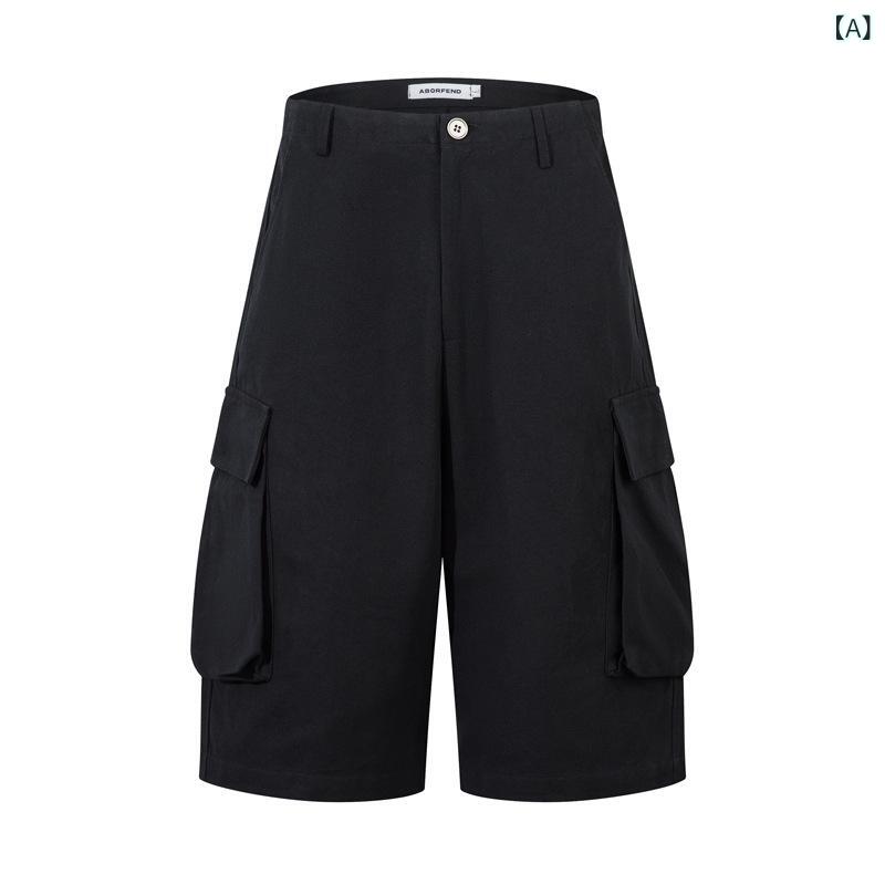 パンツ メンズ ストリート アメカジ レトロ ビンテージ ワーク ショートパンツ 五分丈 綿 ブラック マルチポケット 大容量 ストレート ワイド ルーズフィット ストレッチ 夏 カジュアル