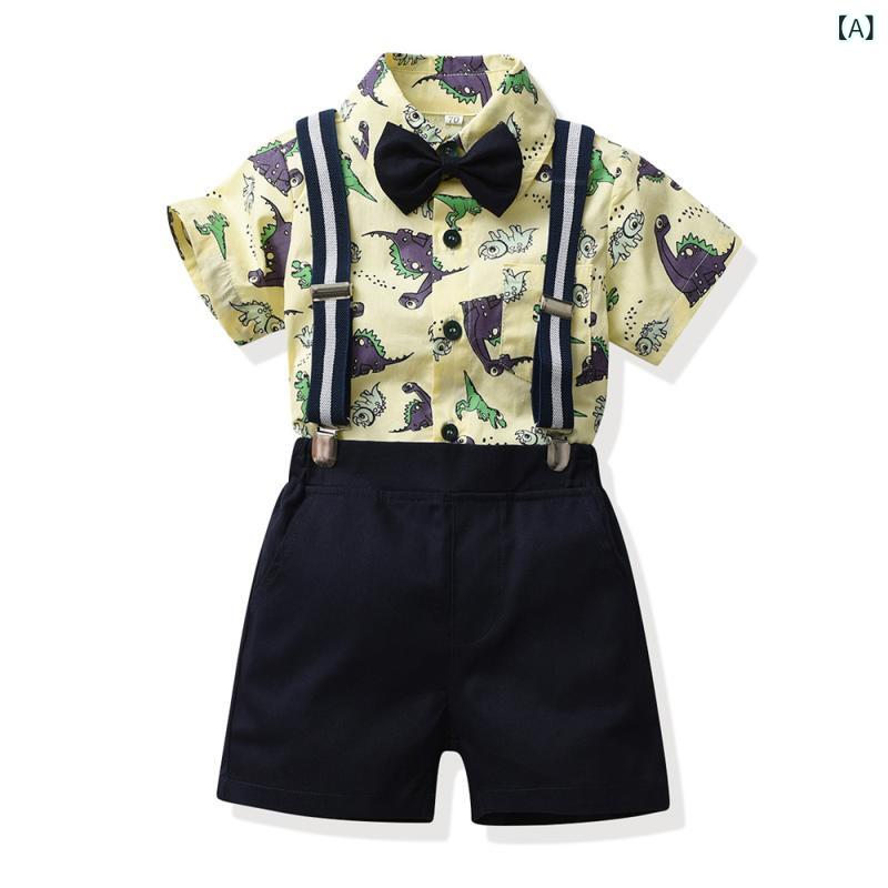キッズ 男の子 半袖 セットアップ 上下セット プリントシャツ キャラクター柄 サロペット オーバーオール 綿 コットン 1歳 誕生日 お祝い セレモニー フォーマル お出かけ 夏