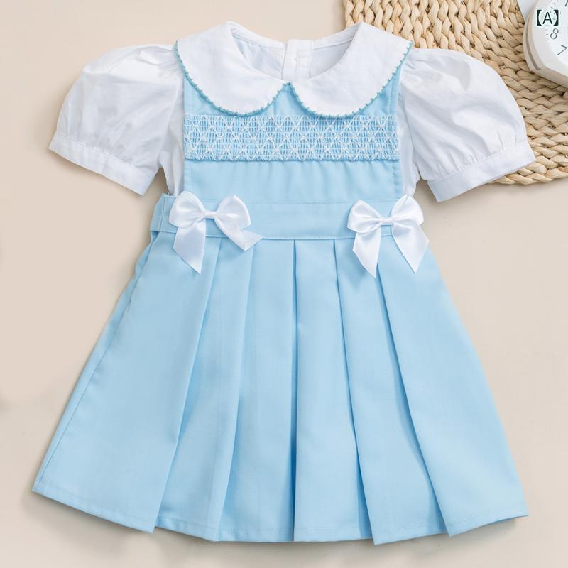 キッズ 女の子 春夏 半袖トップス ノースリーブワンピース セットアップ スモック スペイン風 欧米風 かわいい リボン 綿 コットン 柔らかい肌触り 普段着 カジュアルウェア