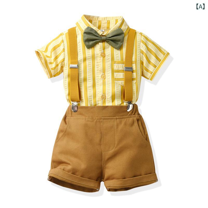 キッズスーツ 男の子 ベビー 夏 半袖 フォーマル 礼服 1歳 誕生日 結婚式 発表会 韓国風 ブリティッシュ 紳士服 セットアップ ジャケット ショートパンツ ストライプ 蝶ネクタイ 綿 かわいい