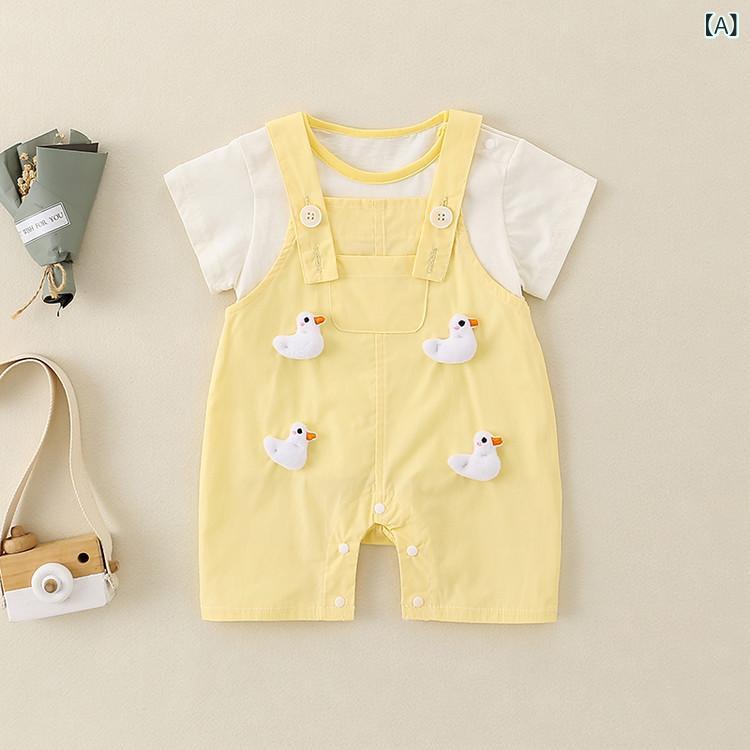 ベビー服 ユニセックス 男の子 女の子 赤ちゃん 幼児 アヒル柄 カートゥーン 2点セット セットアップ 春夏 半袖 ハーフパンツ 綿 コットン 薄手 部屋着 ルームウェア