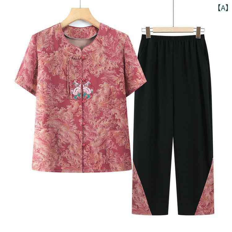 セットアップ レディース ミセス 夏 半袖 Tシャツ 九分丈 パンツ 上下セット 婦人服 シニア 綿混 通気性 花柄 刺繍 薄手 ゆったり カジュアル 普段使い リラックス ルーズフィット