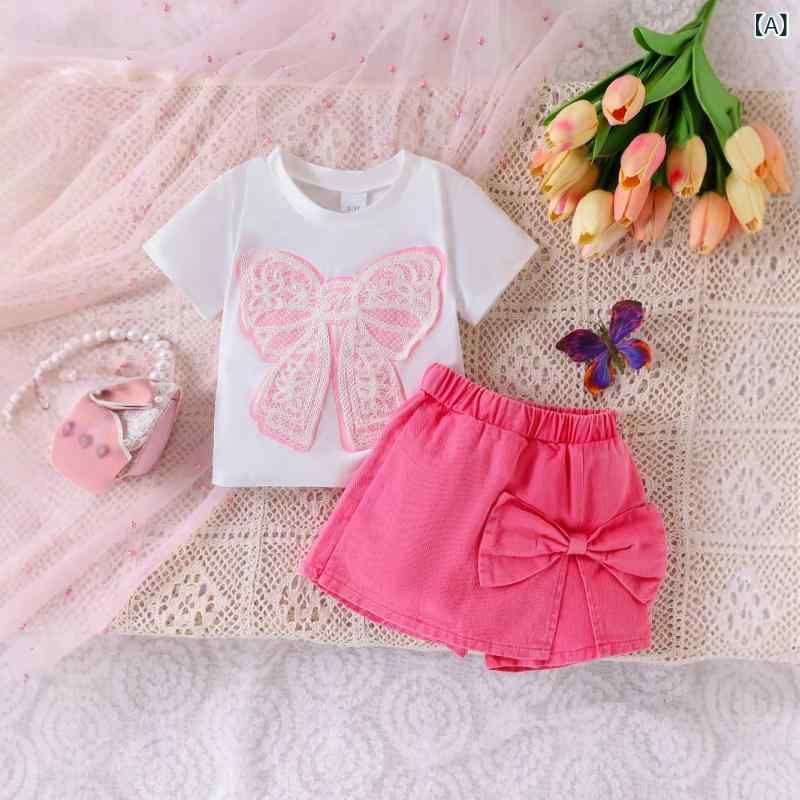 キッズ ガールズ セットアップ 欧米風 春夏 ピンク ローズ リボン 半袖Tシャツ カットソー 綿 デニムスカッツ 上下 2点セット カジュアル 普段使い お出かけ ソフト 快適