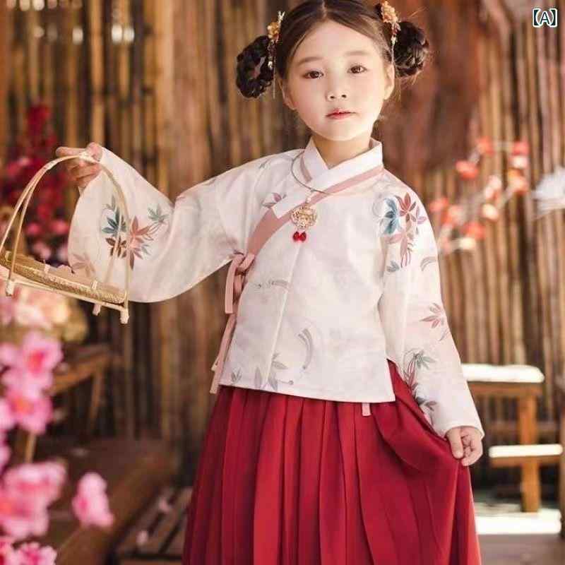 漢服 女の子 キッズ ジュニア チャイナドレス 中国風 仙女 古風衣装 ワンピース ドレス 春秋 セットアップ 再生繊維 イベント ワインレッド アプリコット