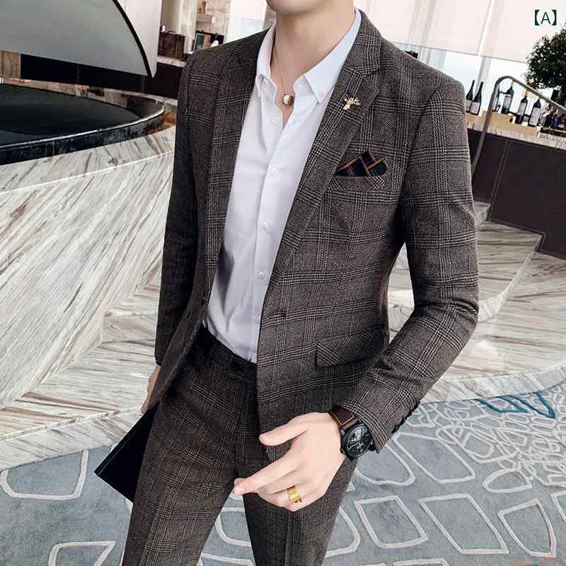 スーツ 男性用 秋冬 カジュアル ビジネス 普段使い スリムフィット 細身 チェック柄 格子柄 ツーピース セットアップ 韓国風 ブリティッシュ風 おしゃれ アセテート繊維 ノッチドラペル|ラ・グラーヌ