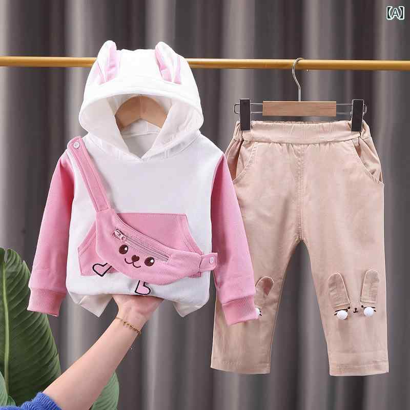 ベビー服 女の子 キッズ 春秋 セットアップ 上下セット 長袖 パーカー フード付き パンツ 薄手 かわいい うさぎ キャラクター 切り替え 配色 韓国風 綿 コットン 普段着 お出かけ ピンク イエロー