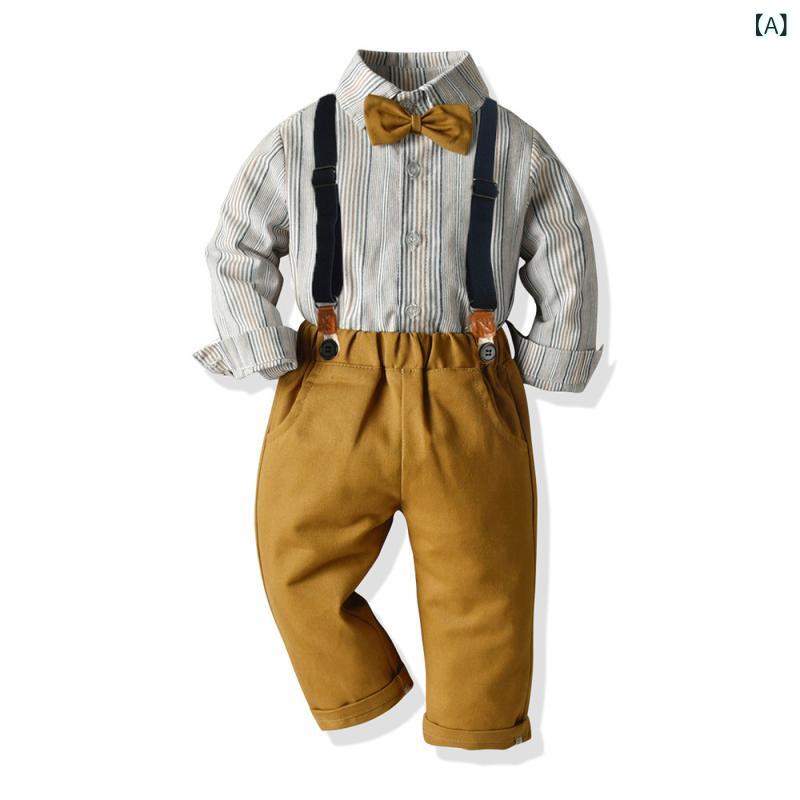 キッズ 男の子 セットアップ ストライプ柄 長袖シャツ 蝶ネクタイ サスペンダーパンツ 春秋 綿 コットン カジュアル お出かけ 通園 通学 フォーマル 発表会 おしゃれ かわいい