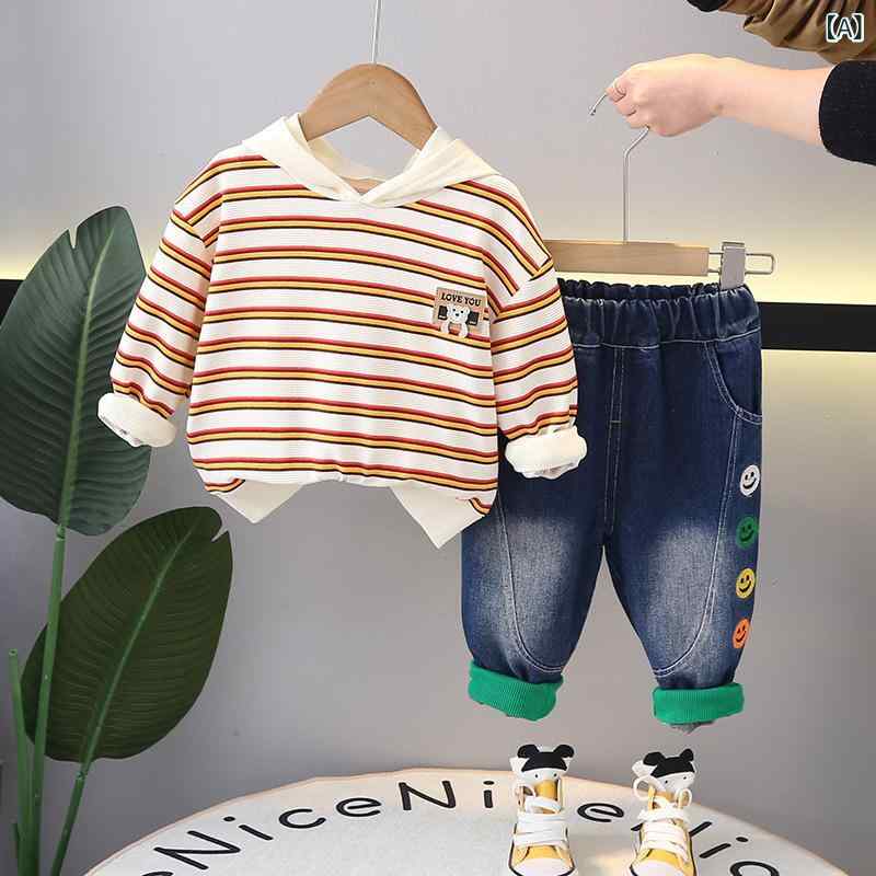 キッズ セットアップ 男女兼用 男の子 女の子 韓国風 フード付き ボーダー 長袖 プルオーバー パンツ 2点セット 春夏 綿混 幼児 ベビー 子供服