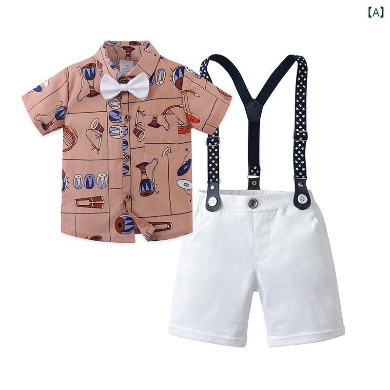 キッズ 男の子 ベビー 英国風 半袖シャツ サロペット ショートパンツ 蝶ネクタイ 3点セット 綿 薄手 かわいい おしゃれ 普段使い お出かけ カジュアル セットアップ 春夏