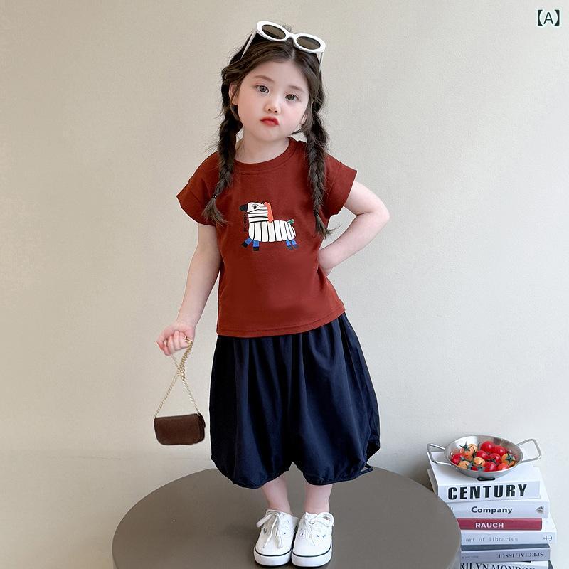 セットアップ キッズ 女の子 ガールズ 夏 半袖 韓国風 パンツスタイル 2点セット 薄手 かわいい 綿 コットン 普段着 お出かけ トレンド カジュアル 幼児 小学生