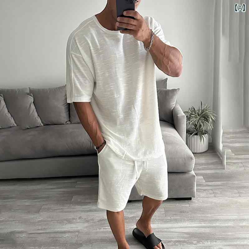 セットアップ メンズ 男性用 半袖Tシャツ トップス ハーフパンツ ショートパンツ ツーピース ゆったり ルーズフィット 丸首 クルーネック カジュアル 普段使い 春夏 ポリエステル素材 ホワイト ブラック